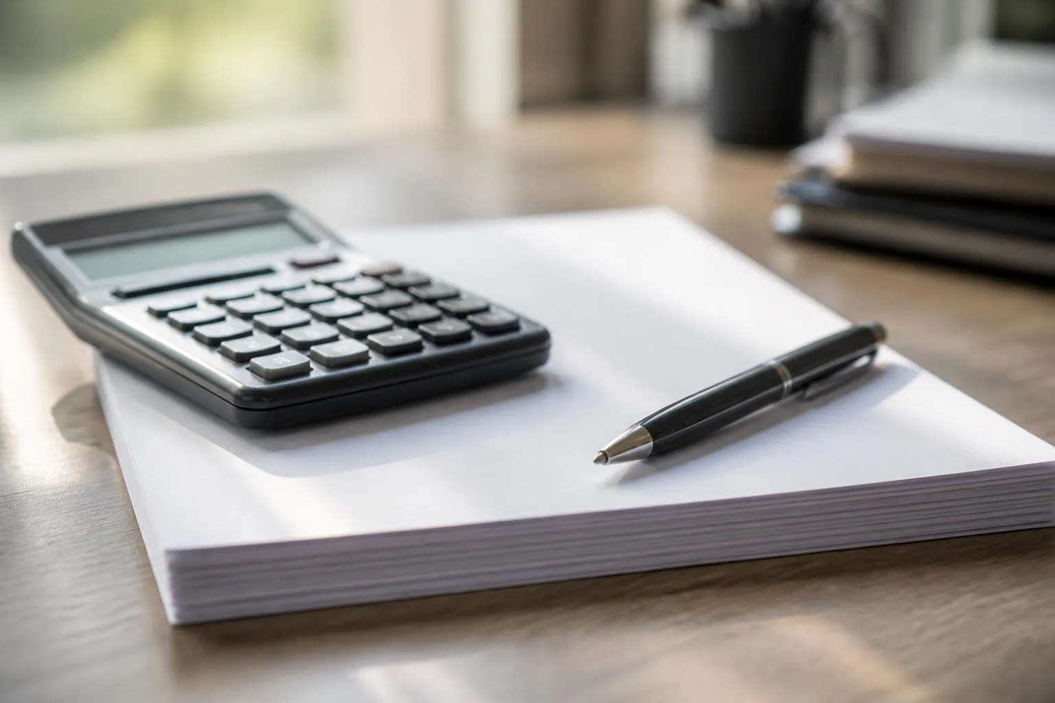 Calculatrice et stylo sur une liasse de papiers