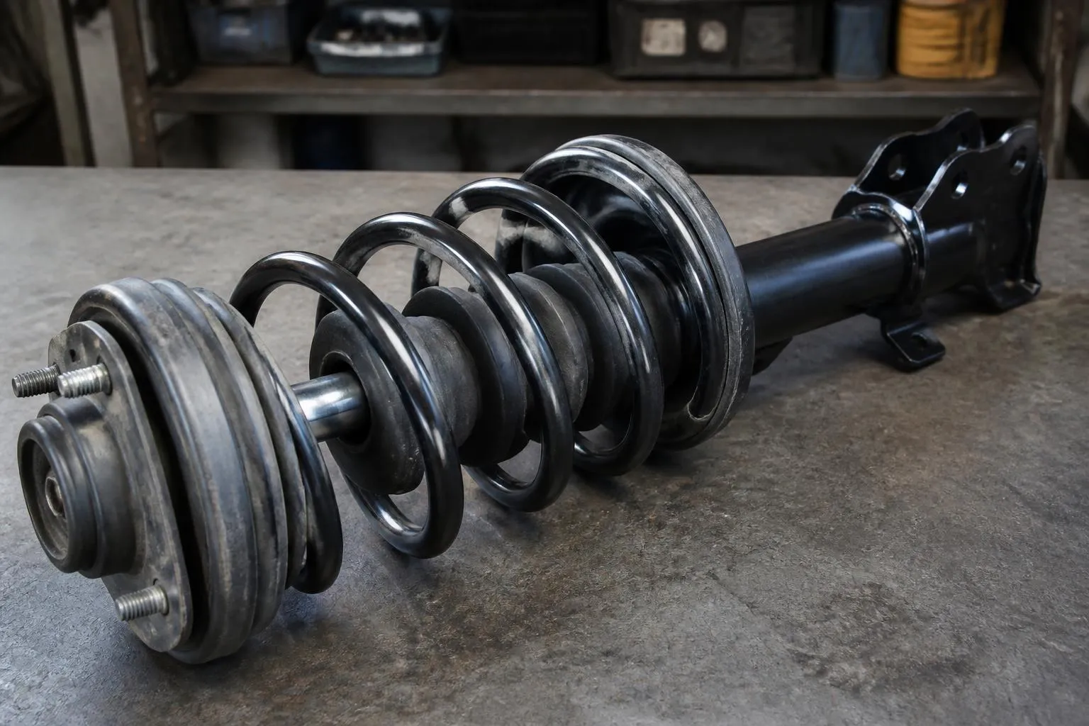Suspension avant demontee posee sur un etabli