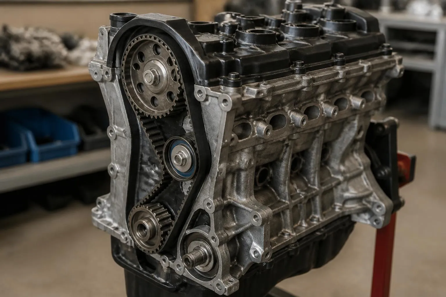 Bloc moteur trois cylindres sur support d atelier