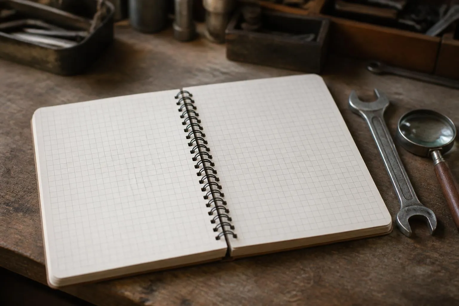 Carnet ouvert et outils sur une table d atelier