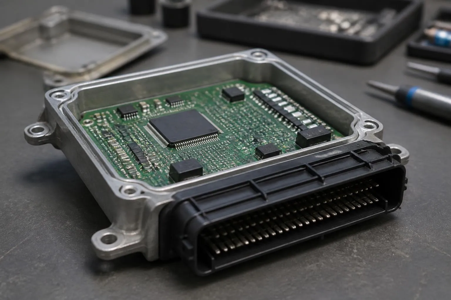 Calculateur moteur ouvert sur un etabli