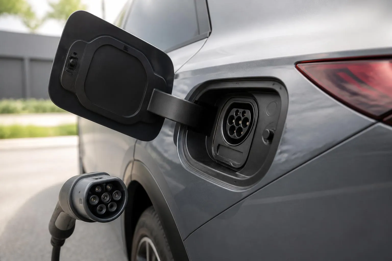 Trappe de recharge ouverte sur une berline electrique