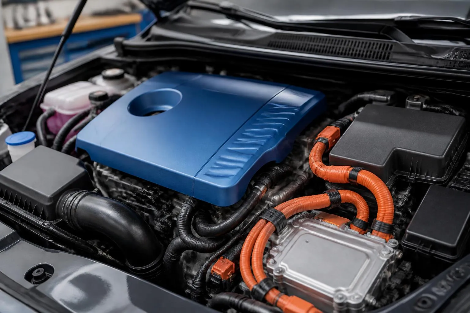 Compartiment moteur hybride avec faisceaux orange